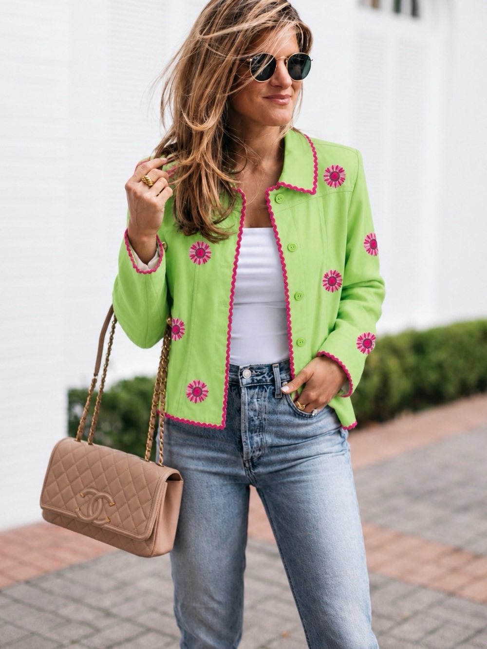 Vintage Bamboo Traders Lime Green Floral Embroidered Jacket XL